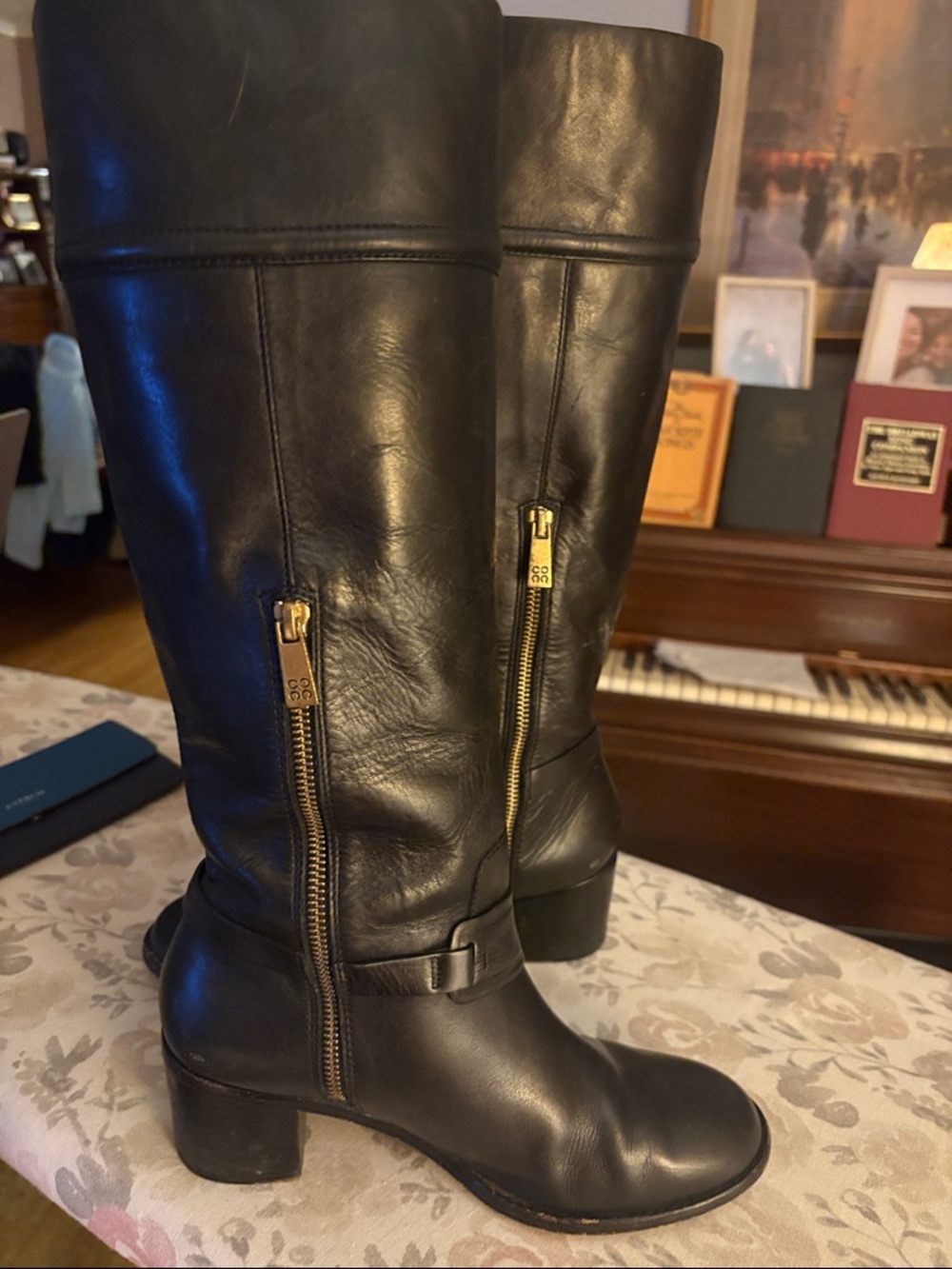COACH Black Leather Riding Boots with Gold Hardware - size 6.5 lightly worn - Picture 2 of 6